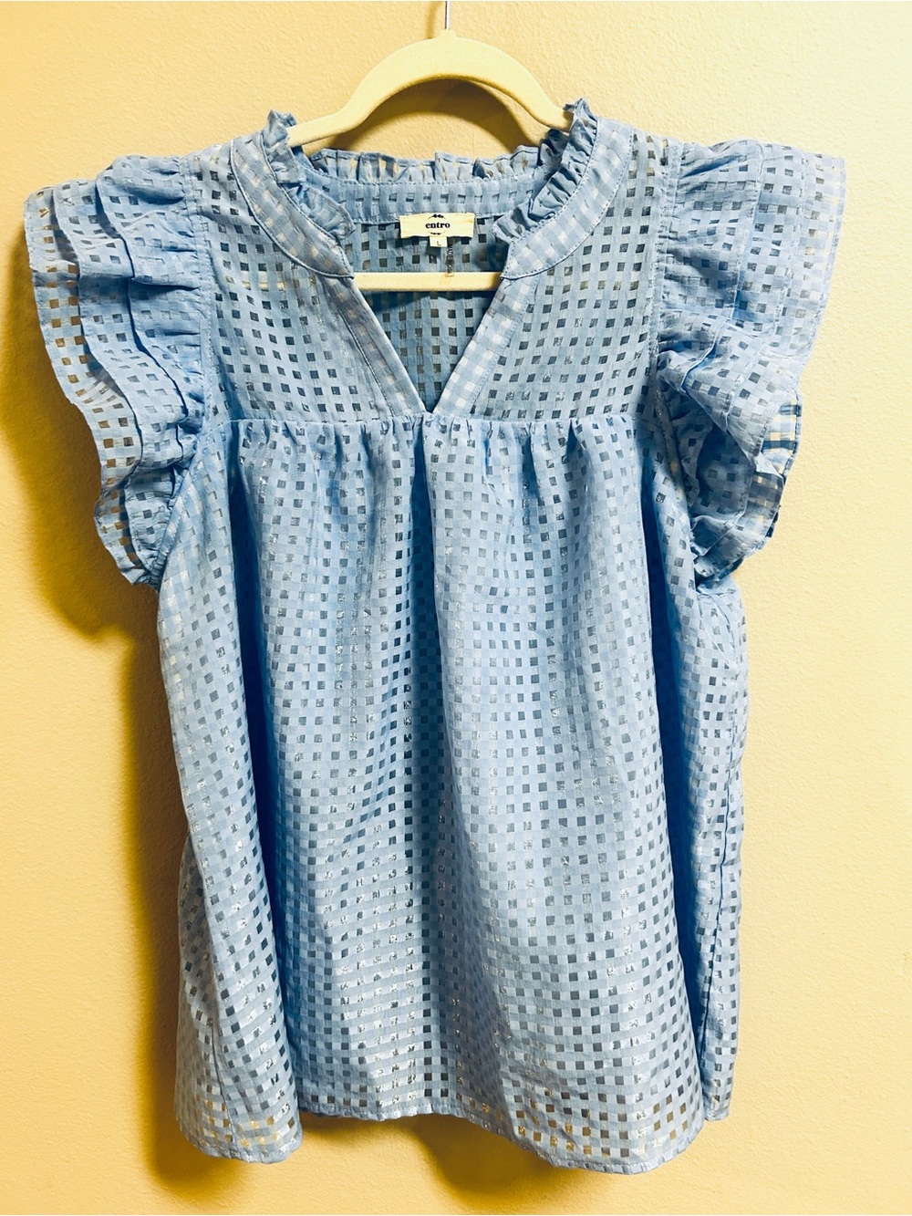 Entro Blue Windowpane Ruffle Sleeve Babydoll Blouse Women’s Large Lined